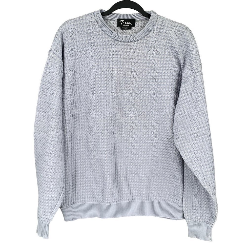 Vintage Crewneck Sweater Womens XL Blue Silver Waffle Knit Stretchy